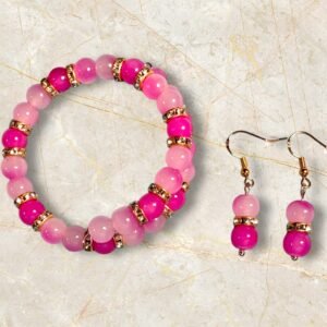 shades-of-pink-gold-memory-wire-bracelet-and-matching-earrings-glass-beads-faux-crystal-rhinestones