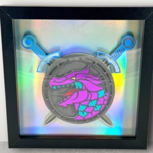 Framed layered art: purple and teal dragon shield with crossed blue swords on iridescent backing.