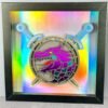 A framed decorative shield featuring a dragon head and crossed swords, on a holographic background.