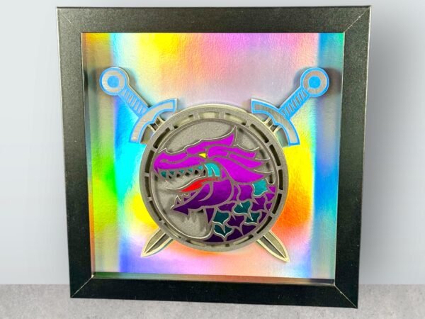 A framed decorative shield featuring a dragon head and crossed swords, on a holographic background.
